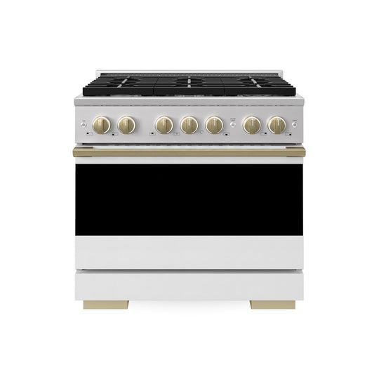ZLINE Autograph Edition 36 in. 5.2 cu. ft. Marino Dual Fuel Range with 6 Burner Gas Cooktop and Electric Convection Oven in Stainless Steel with White Matte Door and Champagne Bronze Accents (MDRZ-WM-36-CB)