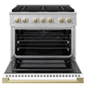 ZLINE Autograph Edition 36 in. 5.2 cu. ft. Marino Dual Fuel Range with 6 Burner Gas Cooktop and Electric Convection Oven in Stainless Steel with White Matte Door and Champagne Bronze Accents (MDRZ-WM-36-CB)