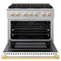 ZLINE Autograph Edition 36 in. 5.2 cu. ft. Marino Dual Fuel Range with 6 Burner Gas Cooktop and Electric Convection Oven in Stainless Steel with White Matte Door and Polished Gold Accents (MDRZ-WM-36-G)