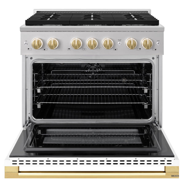 ZLINE Autograph Edition 36 in. 5.2 cu. ft. Marino Dual Fuel Range with 6 Burner Gas Cooktop and Electric Convection Oven in Stainless Steel with White Matte Door and Polished Gold Accents (MDRZ-WM-36-G)