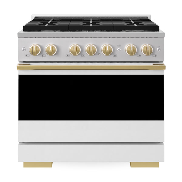 ZLINE Autograph Edition 36 in. 5.2 cu. ft. Marino Dual Fuel Range with 6 Burner Gas Cooktop and Electric Convection Oven in Stainless Steel with White Matte Door and Polished Gold Accents (MDRZ-WM-36-G)