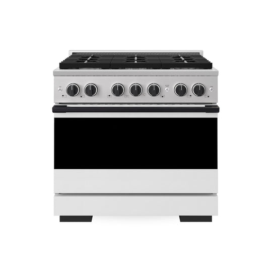 ZLINE Autograph Edition 36 in. 5.2 cu. ft. Marino Dual Fuel Range with 6 Burner Gas Cooktop and Electric Convection Oven in Stainless Steel with White Matte Door and Matte Black Accents (MDRZ-WM-36-MB)