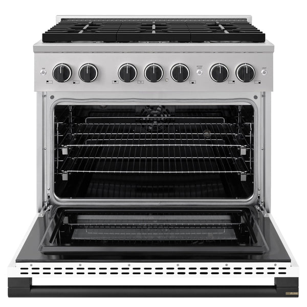 ZLINE Autograph Edition 36 in. 5.2 cu. ft. Marino Dual Fuel Range with 6 Burner Gas Cooktop and Electric Convection Oven in Stainless Steel with White Matte Door and Matte Black Accents (MDRZ-WM-36-MB)