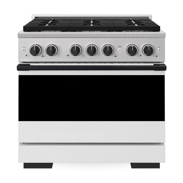 ZLINE Autograph Edition 36 in. 5.2 cu. ft. Marino Dual Fuel Range with 6 Burner Gas Cooktop and Electric Convection Oven in Stainless Steel with White Matte Door and Matte Black Accents (MDRZ-WM-36-MB)