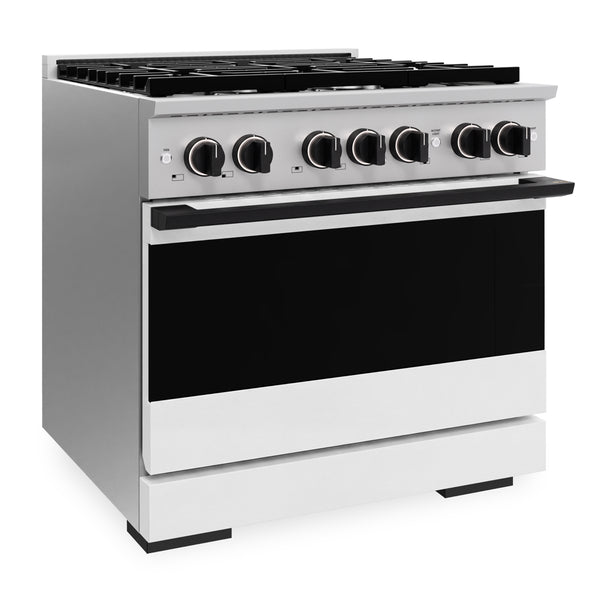 ZLINE Autograph Edition 36 in. 5.2 cu. ft. Marino Dual Fuel Range with 6 Burner Gas Cooktop and Electric Convection Oven in Stainless Steel with White Matte Door and Matte Black Accents (MDRZ-WM-36-MB)