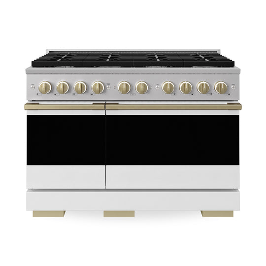 ZLINE Autograph Edition 48 in. 6.7 cu. ft. Marino Double Oven Dual Fuel Range with 8 Burner Gas Cooktop in Stainless Steel with White Matte Doors and Champagne Bronze Accents (MDRZ-WM-48-CB)