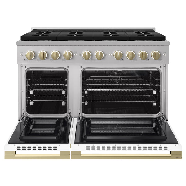 ZLINE Autograph Edition 48 in. 6.7 cu. ft. Marino Double Oven Dual Fuel Range with 8 Burner Gas Cooktop in Stainless Steel with White Matte Doors and Champagne Bronze Accents (MDRZ-WM-48-CB)