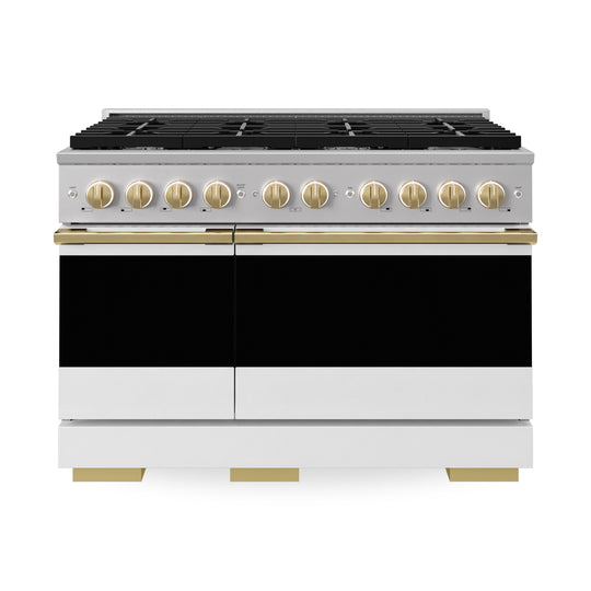 ZLINE Autograph Edition 48 in. 6.7 cu. ft. Marino Double Oven Dual Fuel Range with 8 Burner Gas Cooktop in Stainless Steel with White Matte Door and Polished Gold Accents (MDRZ-WM-48-G)