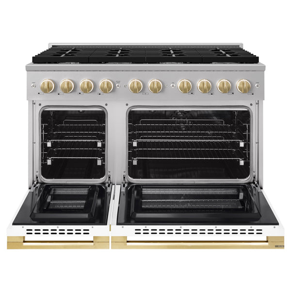 ZLINE Autograph Edition 48 in. 6.7 cu. ft. Marino Double Oven Dual Fuel Range with 8 Burner Gas Cooktop in Stainless Steel with White Matte Door and Polished Gold Accents (MDRZ-WM-48-G)