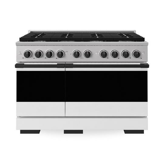 ZLINE Autograph Edition 48 in. 6.7 cu. ft. Marino Double Oven Dual Fuel Range with 8 Burner Gas Cooktop in Stainless Steel with White Matte Door and Matte Black Accents (MDRZ-WM-48-MB)
