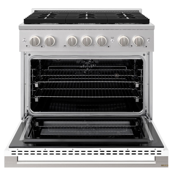 ZLINE 36 in. 5.2 cu. ft. Marino Dual Fuel Range with 6 Burner Gas Cooktop and Electric Convection Oven in Stainless Steel with White Matte Door (MDR-WM-36)