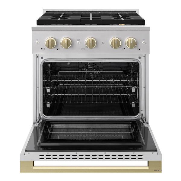 ZLINE Autograph Edition 30 in. 4.2 cu. ft. Marino Dual Fuel Range with 4 Burner DuoPro™ Cooktop and Electric Convection Oven in Stainless Steel with Champagne Bronze Accents (PMDRZ-30-CB)
