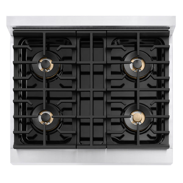 ZLINE Autograph Edition 30 in. 4.2 cu. ft. Marino Dual Fuel Range with 4 Burner DuoPro™ Cooktop and Electric Convection Oven in Stainless Steel with Champagne Bronze Accents (PMDRZ-30-CB)