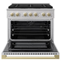 ZLINE Autograph Edition 36 in. 5.2 cu. ft. Marino Dual Fuel Range with 6 Burner DuoPro™ Cooktop and Electric Convection Oven in Stainless Steel and Champagne Bronze Accents (PMDRZ-36-CB)