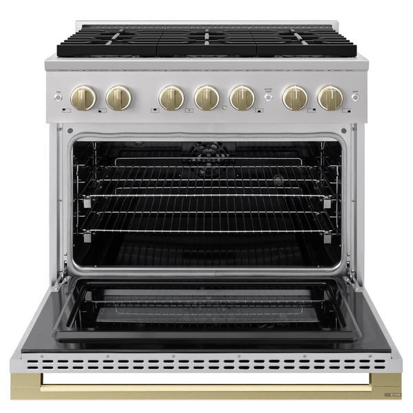 ZLINE Autograph Edition 36 in. 5.2 cu. ft. Marino Dual Fuel Range with 6 Burner DuoPro™ Cooktop and Electric Convection Oven in Stainless Steel and Champagne Bronze Accents (PMDRZ-36-CB)