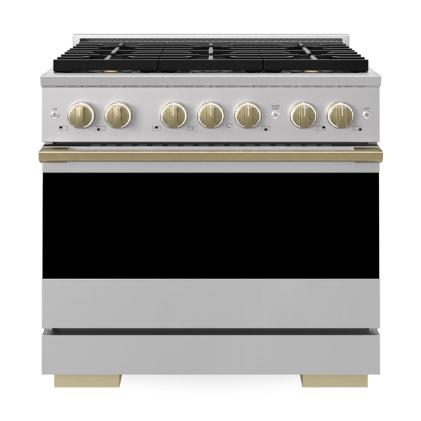 ZLINE Autograph Edition 36 in. 5.2 cu. ft. Marino Dual Fuel Range with 6 Burner DuoPro™ Cooktop and Electric Convection Oven in Stainless Steel and Champagne Bronze Accents (PMDRZ-36-CB)