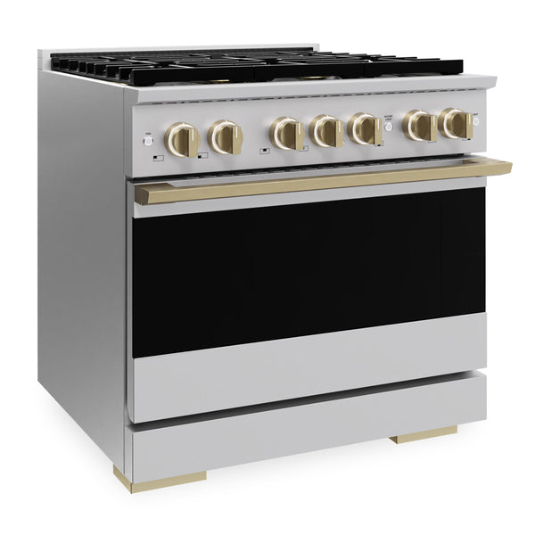 ZLINE Autograph Edition 36 in. 5.2 cu. ft. Marino Dual Fuel Range with 6 Burner DuoPro™ Cooktop and Electric Convection Oven in Stainless Steel and Champagne Bronze Accents (PMDRZ-36-CB)