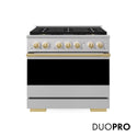 ZLINE Autograph Edition 36 in. 5.2 cu. ft. Marino Dual Fuel Range with 6 Burner DuoPro™ Cooktop and Electric Convection Oven in Stainless Steel and Polished Gold Accents (PMDRZ-36-G)