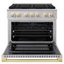 ZLINE Autograph Edition 36 in. 5.2 cu. ft. Marino Dual Fuel Range with 6 Burner DuoPro™ Cooktop and Electric Convection Oven in Stainless Steel and Polished Gold Accents (PMDRZ-36-G)