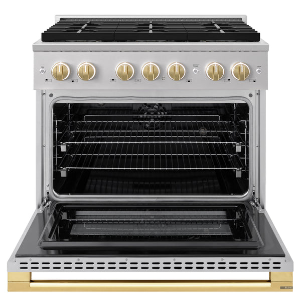 ZLINE Autograph Edition 36 in. 5.2 cu. ft. Marino Dual Fuel Range with 6 Burner DuoPro™ Cooktop and Electric Convection Oven in Stainless Steel and Polished Gold Accents (PMDRZ-36-G)