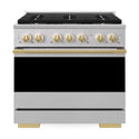 ZLINE Autograph Edition 36 in. 5.2 cu. ft. Marino Dual Fuel Range with 6 Burner DuoPro™ Cooktop and Electric Convection Oven in Stainless Steel and Polished Gold Accents (PMDRZ-36-G)