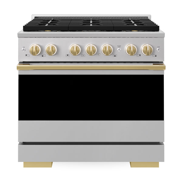 ZLINE Autograph Edition 36 in. 5.2 cu. ft. Marino Dual Fuel Range with 6 Burner DuoPro™ Cooktop and Electric Convection Oven in Stainless Steel and Polished Gold Accents (PMDRZ-36-G)