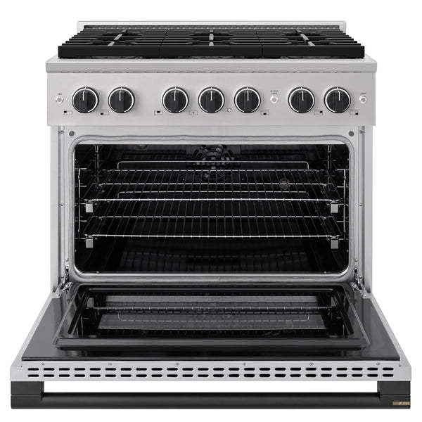 ZLINE Autograph Edition 36 in. 5.2 cu. ft. Marino Dual Fuel Range with 6 Burner DuoPro™ Cooktop and Electric Convection Oven in Stainless Steel and Matte Black Accents (PMDRZ-36-MB)