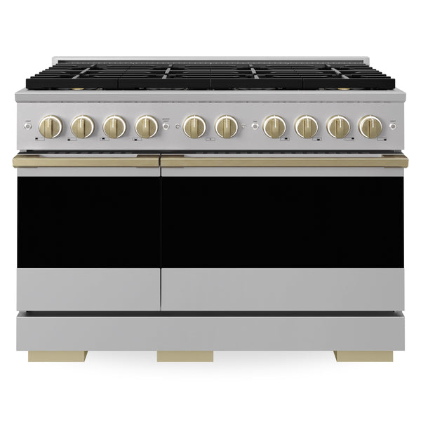 ZLINE Autograph Edition 48 in. 6.7 cu. ft. Marino Dual Fuel Range with 8 Burner DuoPro™ Cooktop and Dual Ovens in Stainless Steel and Champagne Bronze Accents (PMDRZ-48-CB)