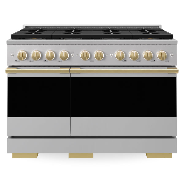 ZLINE Autograph Edition 48 in. 6.7 cu. ft. Marino Dual Fuel Range with 8 Burner DuoPro™ Cooktop and Dual Ovens in Stainless Steel and Polished Gold Accents (PMDRZ-48-G)