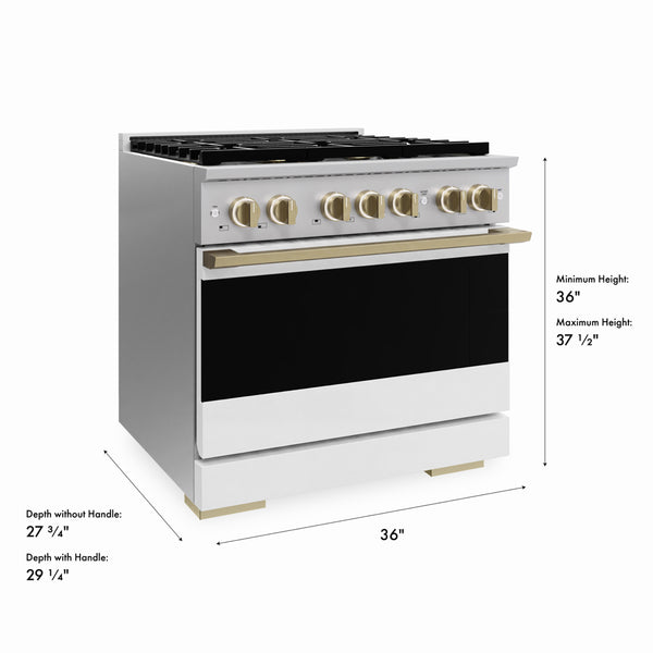 ZLINE Autograph Edition 36 in. 5.2 cu. ft. Marino Dual Fuel Range with 6 Burner DuoPro™ Cooktop and Electric Convection Oven with White Matte Door and Champagne Bronze Accents (PMDRZ-WM-36-CB)