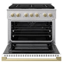 ZLINE Autograph Edition 36 in. 5.2 cu. ft. Marino Dual Fuel Range with 6 Burner DuoPro™ Cooktop and Electric Convection Oven with White Matte Door and Champagne Bronze Accents (PMDRZ-WM-36-CB)