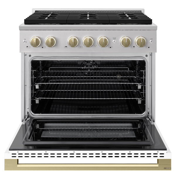 ZLINE Autograph Edition 36 in. 5.2 cu. ft. Marino Dual Fuel Range with 6 Burner DuoPro™ Cooktop and Electric Convection Oven with White Matte Door and Champagne Bronze Accents (PMDRZ-WM-36-CB)