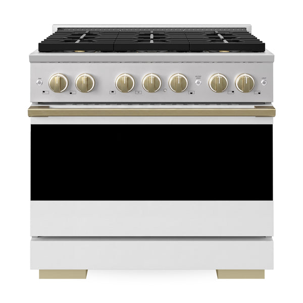 ZLINE Autograph Edition 36 in. 5.2 cu. ft. Marino Dual Fuel Range with 6 Burner DuoPro™ Cooktop and Electric Convection Oven with White Matte Door and Champagne Bronze Accents (PMDRZ-WM-36-CB)