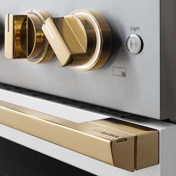 ZLINE Autograph Edition 36 in. 5.2 cu. ft. Marino Dual Fuel Range with 6 Burner DuoPro™ Cooktop and Electric Convection Oven with White Matte Door and Polished Gold Accents (PMDRZ-WM-36-G)