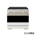 ZLINE Autograph Edition 36 in. 5.2 cu. ft. Marino Dual Fuel Range with 6 Burner DuoPro™ Cooktop and Electric Convection Oven with White Matte Door and Polished Gold Accents (PMDRZ-WM-36-G)