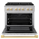ZLINE Autograph Edition 36 in. 5.2 cu. ft. Marino Dual Fuel Range with 6 Burner DuoPro™ Cooktop and Electric Convection Oven with White Matte Door and Polished Gold Accents (PMDRZ-WM-36-G)