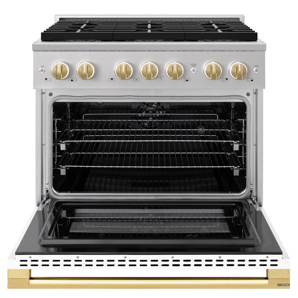 ZLINE Autograph Edition 36 in. 5.2 cu. ft. Marino Dual Fuel Range with 6 Burner DuoPro™ Cooktop and Electric Convection Oven with White Matte Door and Polished Gold Accents (PMDRZ-WM-36-G)