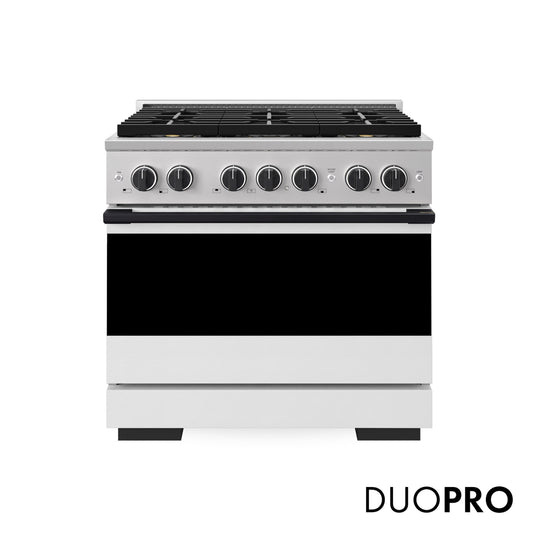 ZLINE Autograph Edition 36 in. 5.2 cu. ft. Marino Dual Fuel Range with 6 Burner DuoPro™ Cooktop and Electric Convection Oven with White Matte Door and Matte Black Accents (PMDRZ-WM-36-MB)