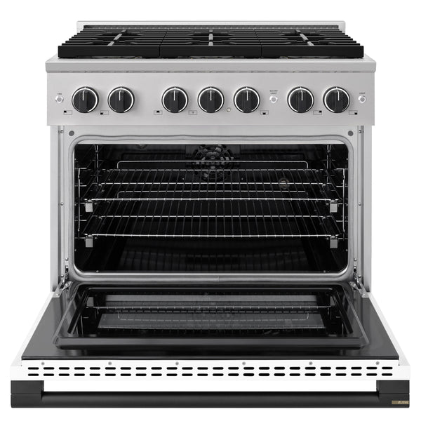 ZLINE Autograph Edition 36 in. 5.2 cu. ft. Marino Dual Fuel Range with 6 Burner DuoPro™ Cooktop and Electric Convection Oven with White Matte Door and Matte Black Accents (PMDRZ-WM-36-MB)