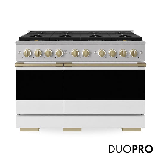 ZLINE Autograph Edition 48 in. 6.7 cu. ft. Marino Dual Fuel Range with 8 Burner DuoPro™ Cooktop and Dual Ovens with White Matte Doors and Champagne Bronze Accents (PMDRZ-WM-48-CB)