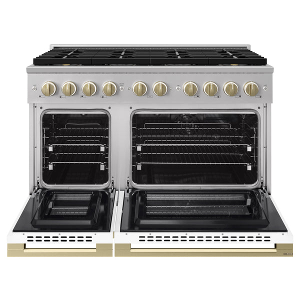 ZLINE Autograph Edition 48 in. 6.7 cu. ft. Marino Dual Fuel Range with 8 Burner DuoPro™ Cooktop and Dual Ovens with White Matte Doors and Champagne Bronze Accents (PMDRZ-WM-48-CB)
