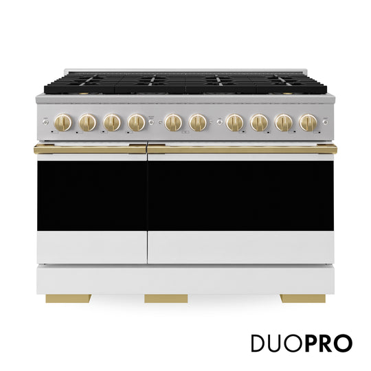 ZLINE Autograph Edition 48 in. 6.7 cu. ft. Marino Dual Fuel Range with 8 Burner DuoPro™ Cooktop and Dual Ovens with White Matte Doors and Polished Gold Accents (PMDRZ-WM-48-G)