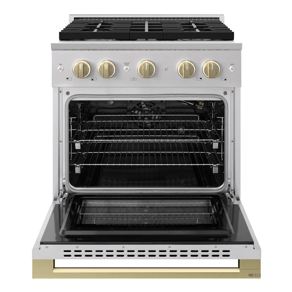 ZLINE Autograph Edition 30 in. 4.2 cu. ft. Marino Gas Range with 4 Burner Cooktop and Convection Gas Oven in Stainless Steel and Champagne Bronze Accents (MGRZ-30-CB)