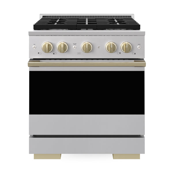 ZLINE Autograph Edition 30 in. 4.2 cu. ft. Marino Gas Range with 4 Burner Cooktop and Convection Gas Oven in Stainless Steel and Champagne Bronze Accents (MGRZ-30-CB)