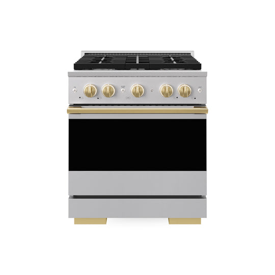 ZLINE Autograph Edition 30 in. 4.2 cu. ft. Marino Gas Range with 4 Burner Cooktop and Convection Gas Oven in Stainless Steel and Polished Gold Accents (MGRZ-30-G)