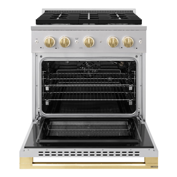 ZLINE Autograph Edition 30 in. 4.2 cu. ft. Marino Gas Range with 4 Burner Cooktop and Convection Gas Oven in Stainless Steel and Polished Gold Accents (MGRZ-30-G)