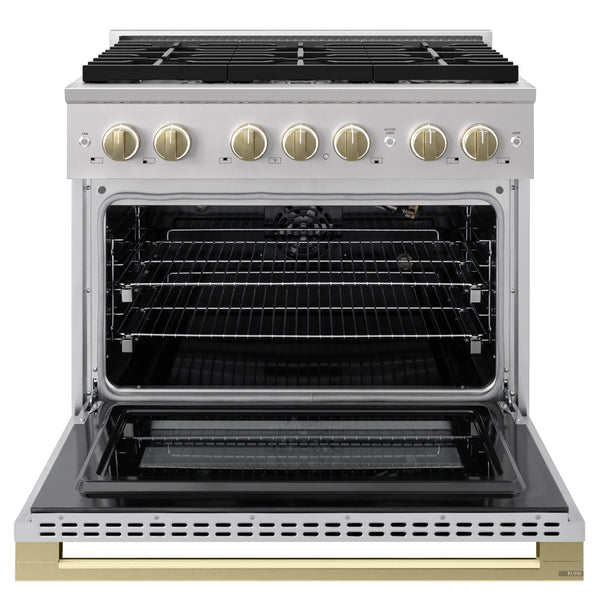 ZLINE Autograph Edition 36 in. 5.2 cu. ft. Marino Gas Range with 6 Burner Cooktop and Convection Gas Oven in Stainless Steel and Champagne Bronze Accents (MGRZ-36-CB)