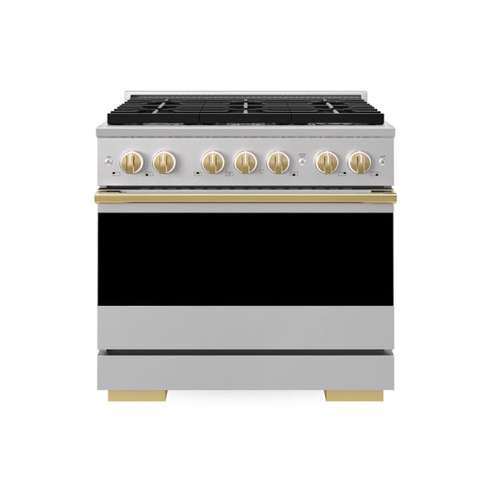ZLINE Autograph Edition 36 in. 5.2 cu. ft. Marino Gas Range with 6 Burner Cooktop and Convection Gas Oven in Stainless Steel and Polished Gold Accents (MGRZ-36-G)