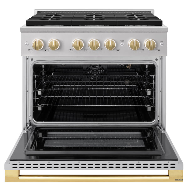 ZLINE Autograph Edition 36 in. 5.2 cu. ft. Marino Gas Range with 6 Burner Cooktop and Convection Gas Oven in Stainless Steel and Polished Gold Accents (MGRZ-36-G)