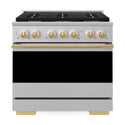 ZLINE Autograph Edition 36 in. 5.2 cu. ft. Marino Gas Range with 6 Burner Cooktop and Convection Gas Oven in Stainless Steel and Polished Gold Accents (MGRZ-36-G)